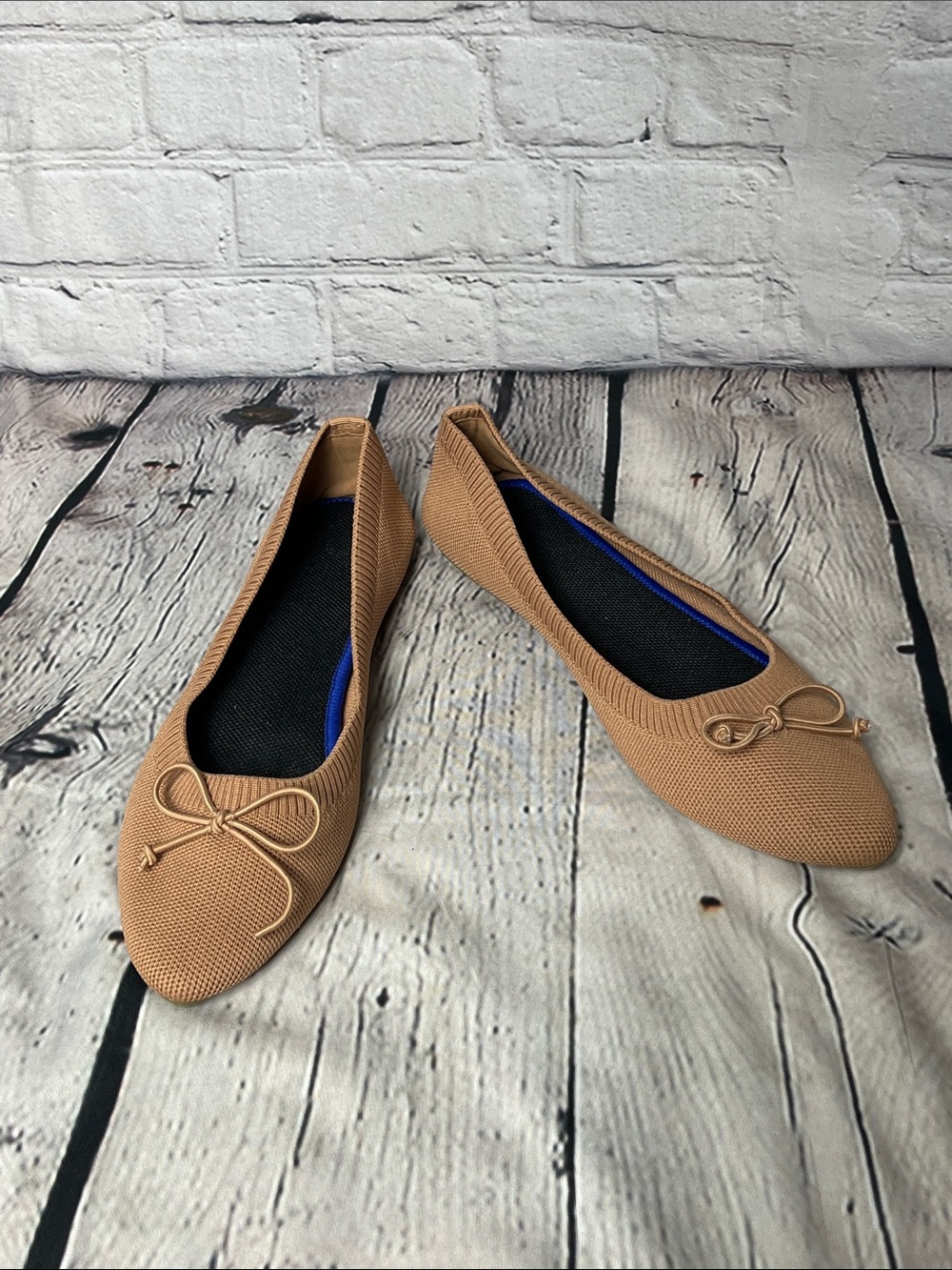 Women’s Knit Pointed Toe Ballet Flats with Bow - Tan